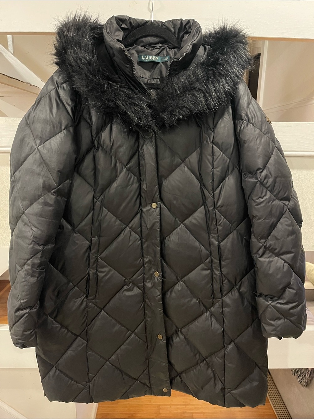 Lauren Ralph Lauren Black Diamond Quilted Faux Fur Trim Puffer Coat XL